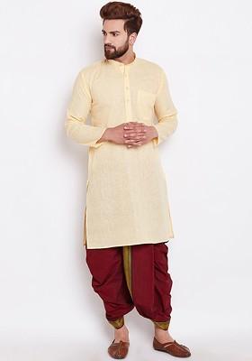 Yellow Solid Poly Blend Kurta For Men