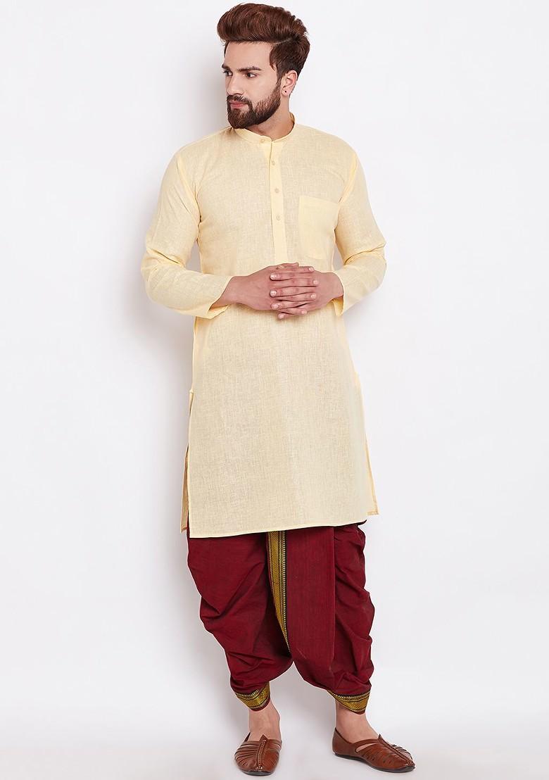 Yellow Solid Poly Blend Kurta For Men