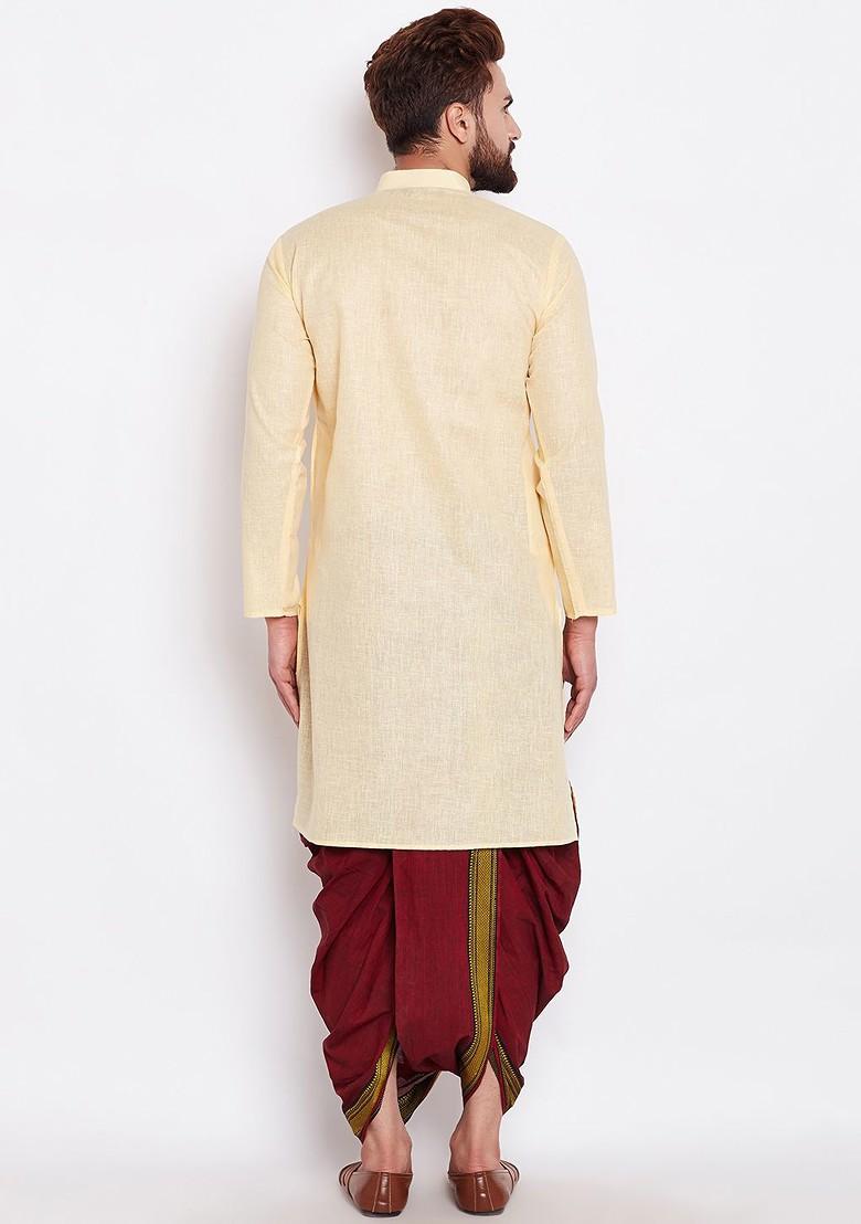 Yellow Solid Poly Blend Kurta For Men