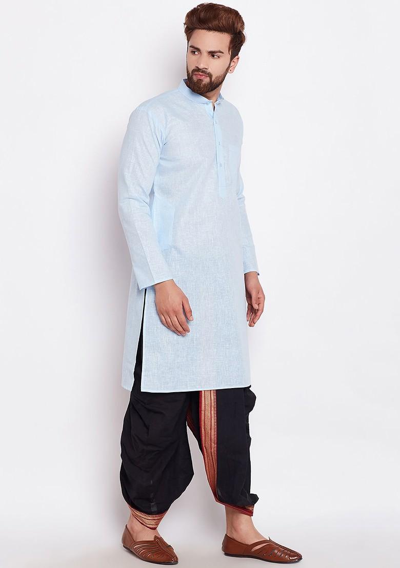 Turquoise Blue Solid Poly Blend Kurta For Men