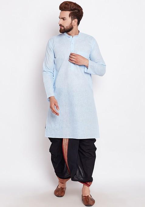 Turquoise Blue Solid Poly Blend Kurta For Men — view on Indya