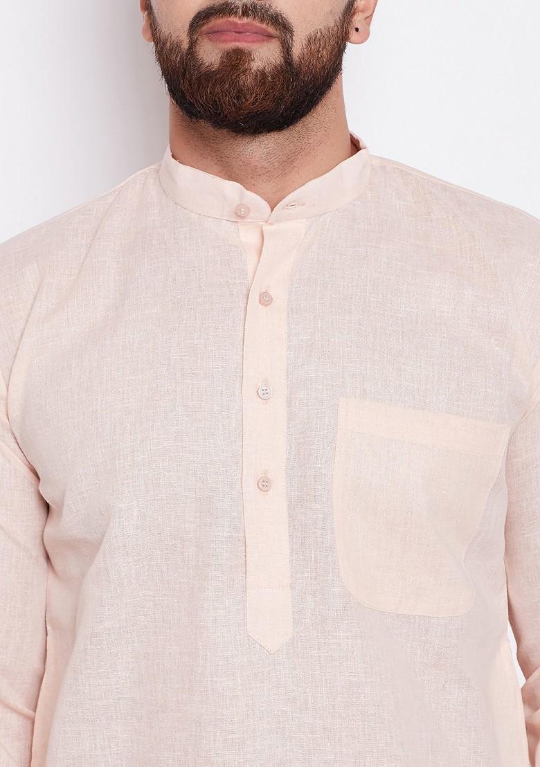 Peach Solid Poly Blend Kurta For Men