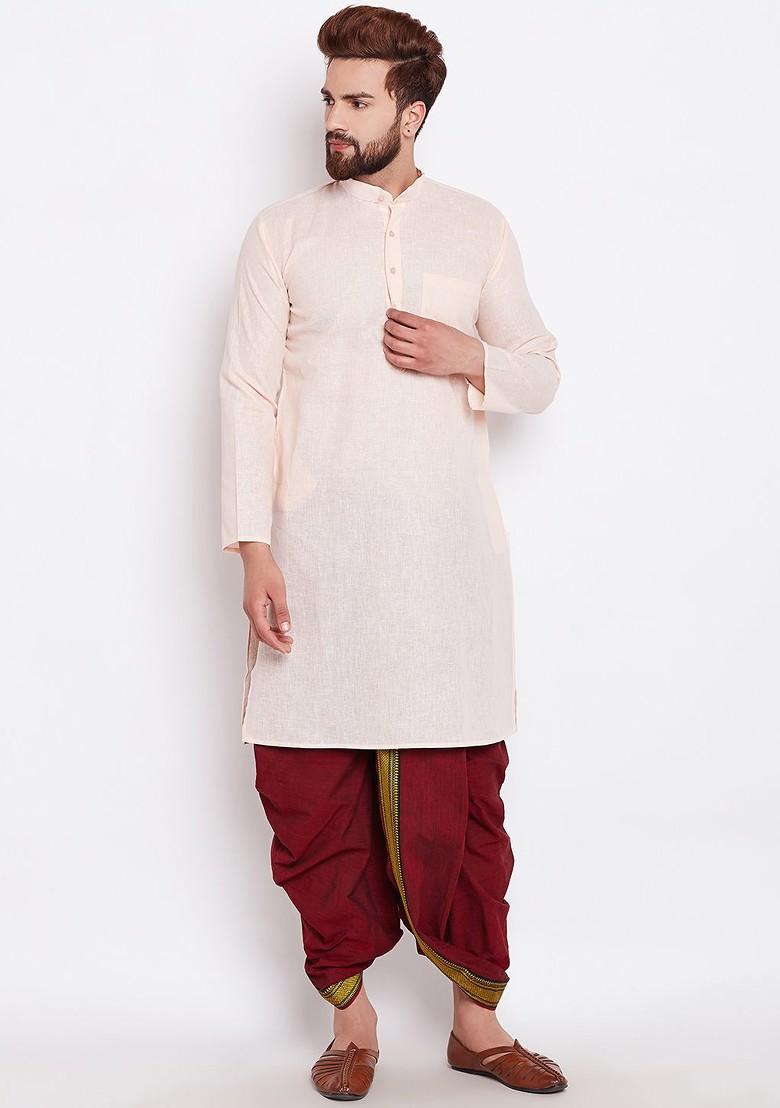 Peach Solid Poly Blend Kurta For Men