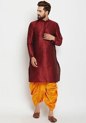 Maroon Solid Poly Blend Kurta For Men
