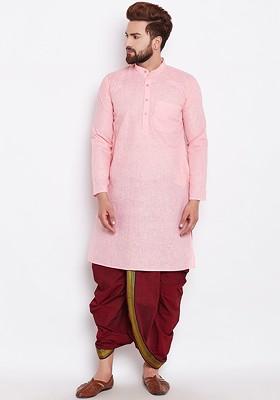 Pink Solid Poly Blend Kurta For Men
