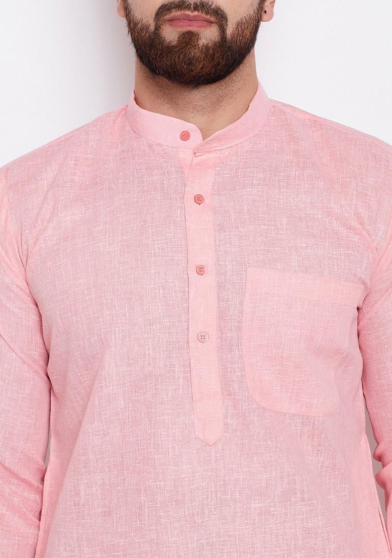 Pink Solid Poly Blend Kurta For Men