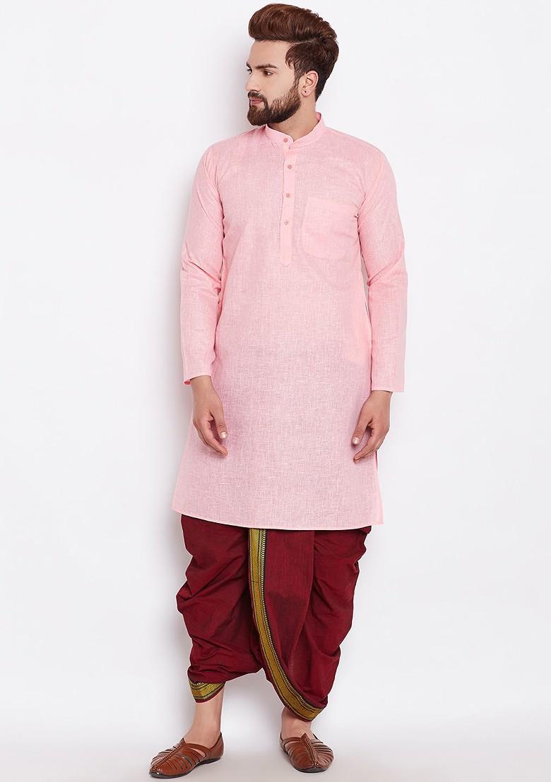 Pink Solid Poly Blend Kurta For Men