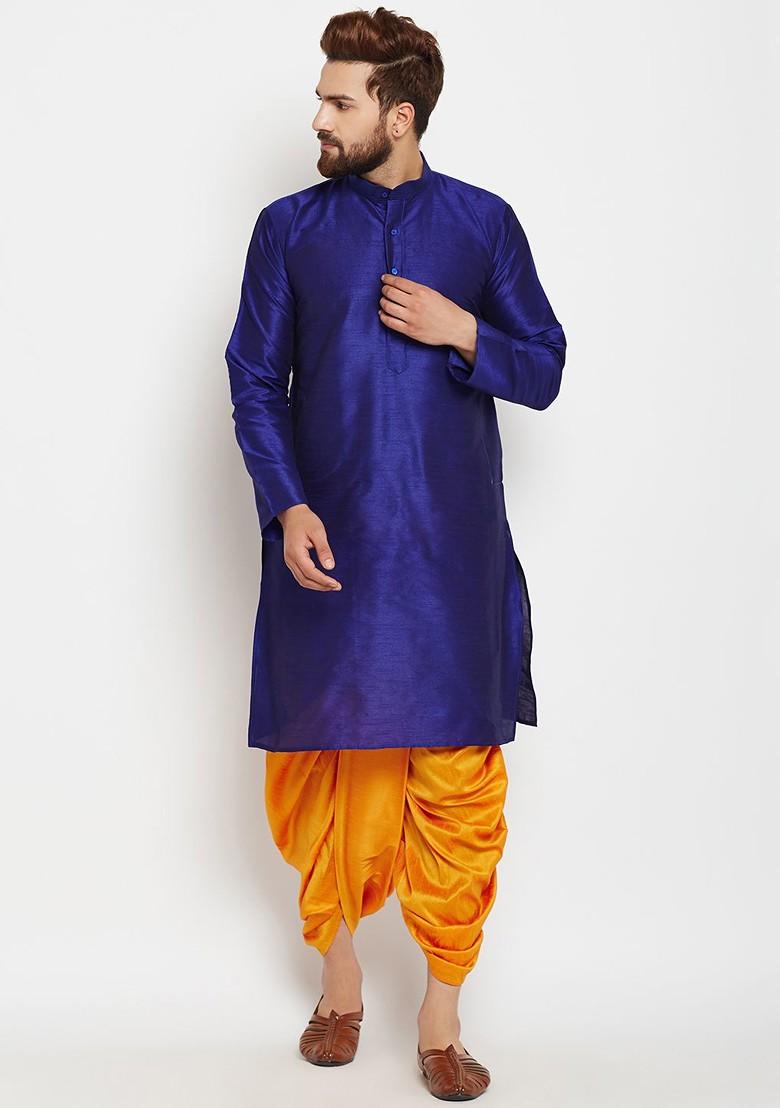 Blue Solid Poly Blend Kurta For Men