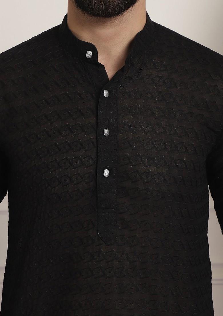 Black Solid Poly Blend Kurta For Men