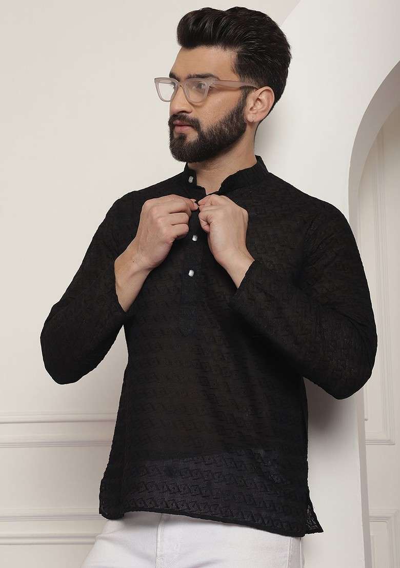 Black Solid Poly Blend Kurta For Men - Indya