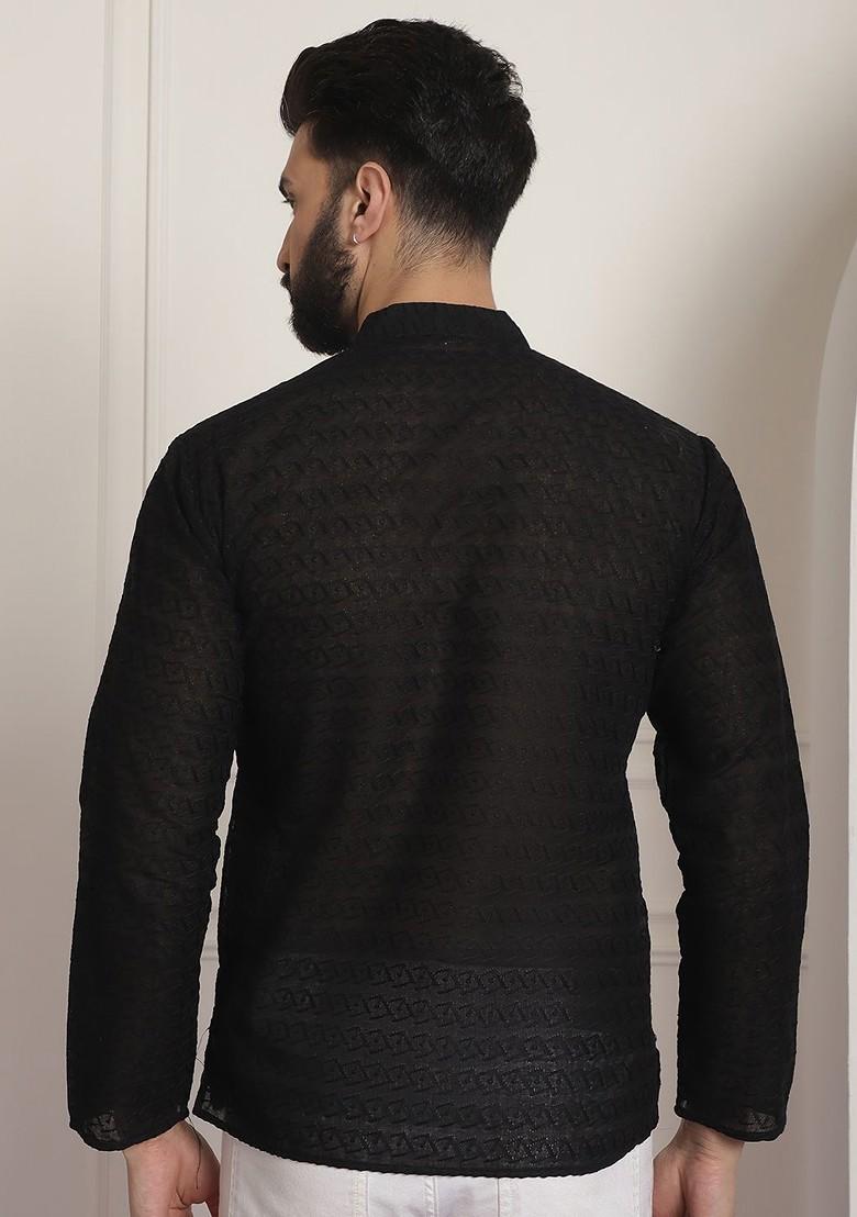 Black Solid Poly Blend Kurta For Men