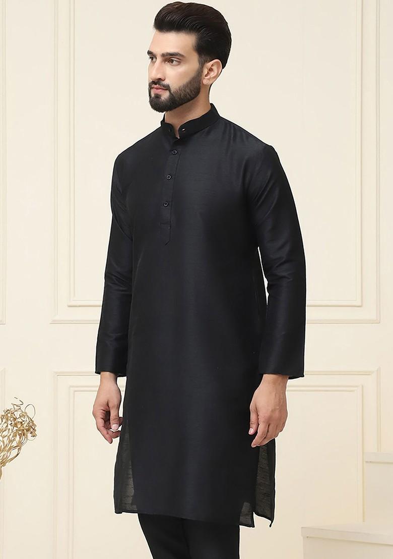 Black Solid Poly Blend Kurta For Men