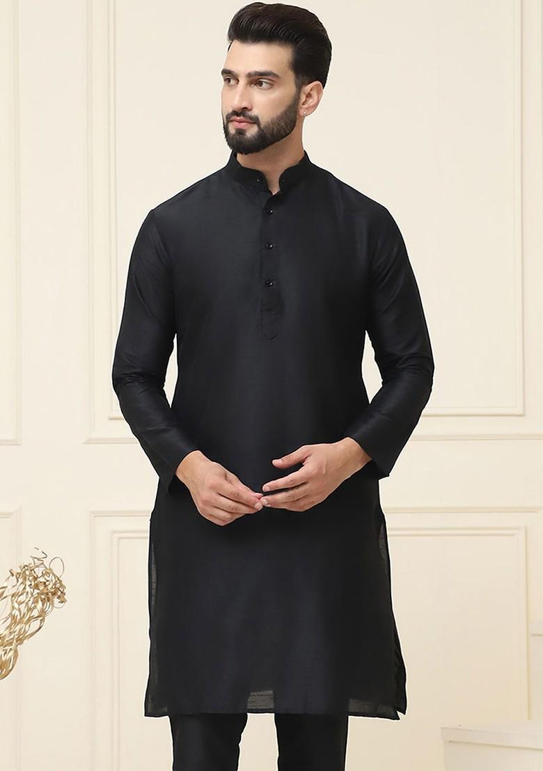 Black Solid Poly Blend Kurta For Men