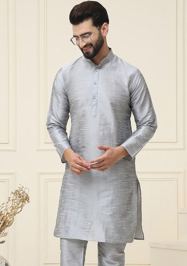 Grey Solid Poly Blend Kurta For Men
