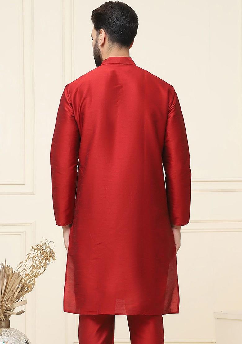 Maroon Solid Poly Blend Kurta For Men