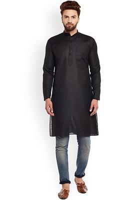 Black Solid Poly Blend Kurta For Men
