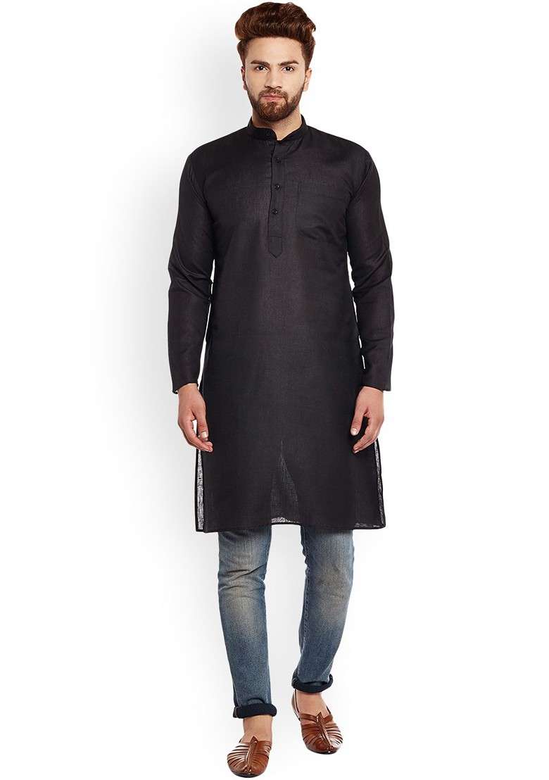 Black Solid Poly Blend Kurta For Men - Indya