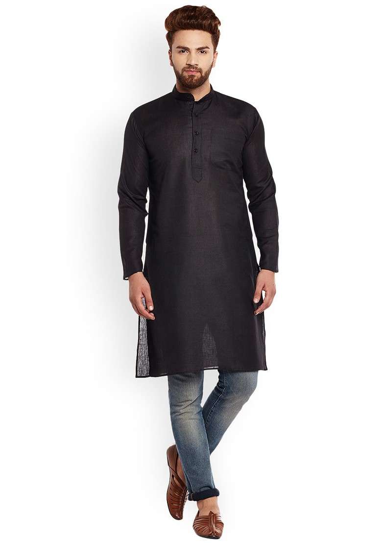 Black Solid Poly Blend Kurta For Men - Indya