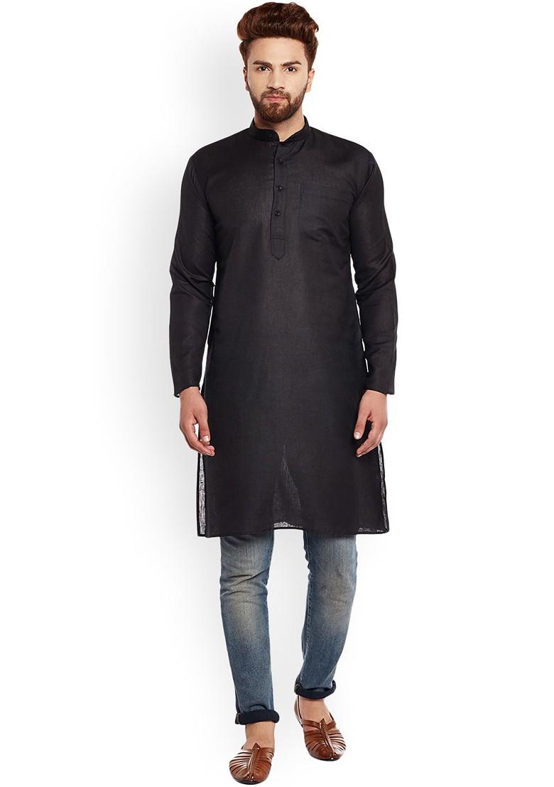 Black Solid Poly Blend Kurta For Men