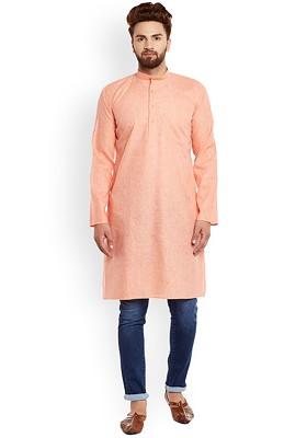 Orange Solid Poly Blend Kurta For Men