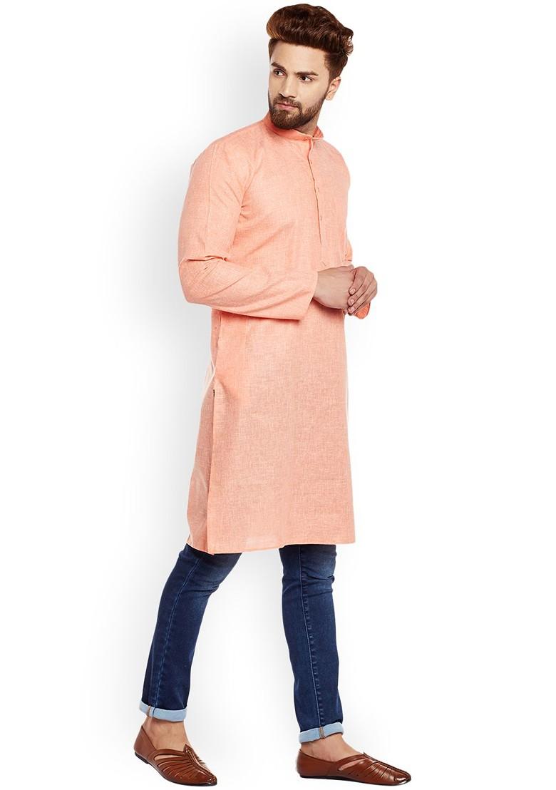 Orange Solid Poly Blend Kurta For Men