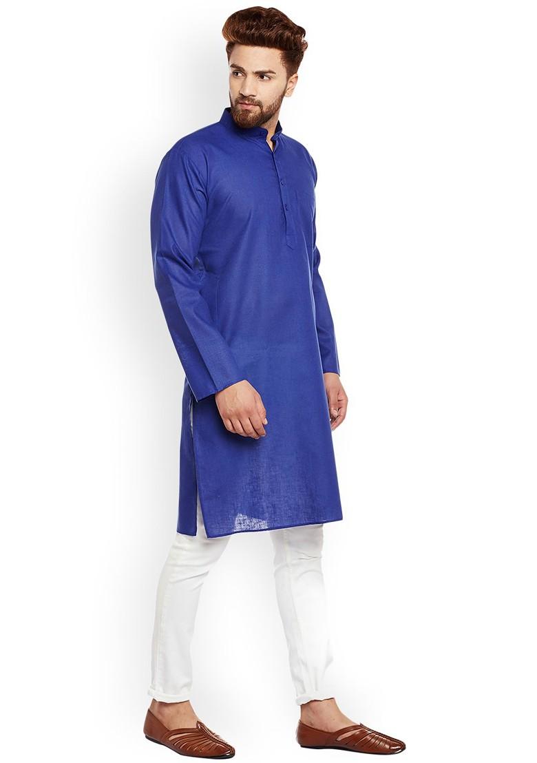 Blue Solid Poly Blend Kurta For Men