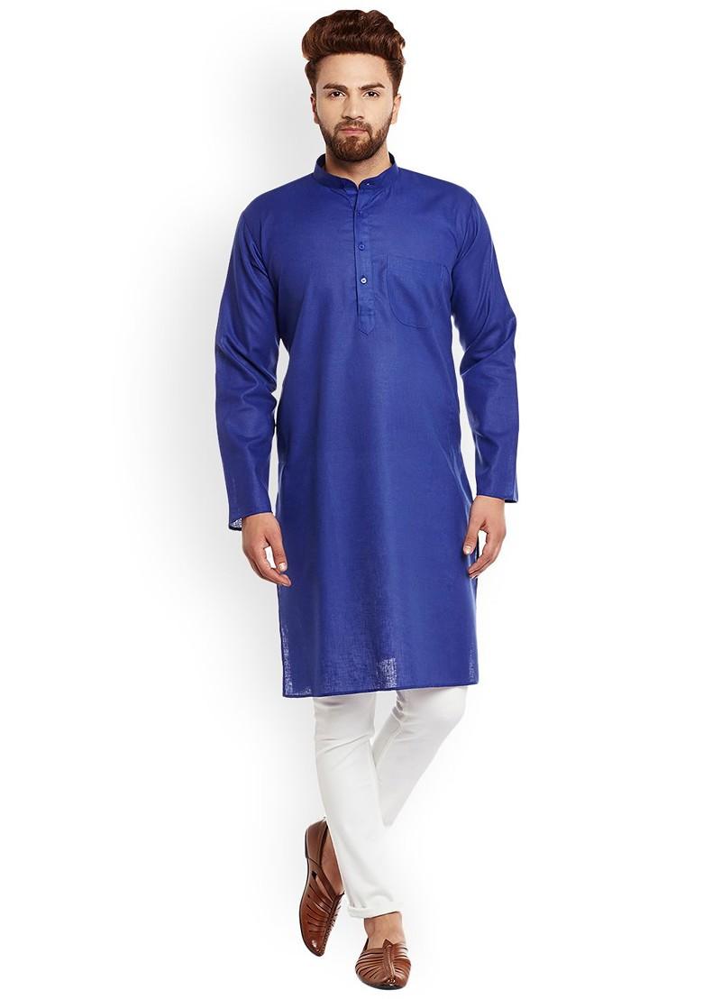 Blue Solid Poly Blend Kurta For Men