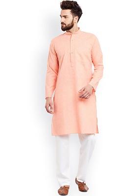 Coral Pink Solid Poly Blend Kurta For Men