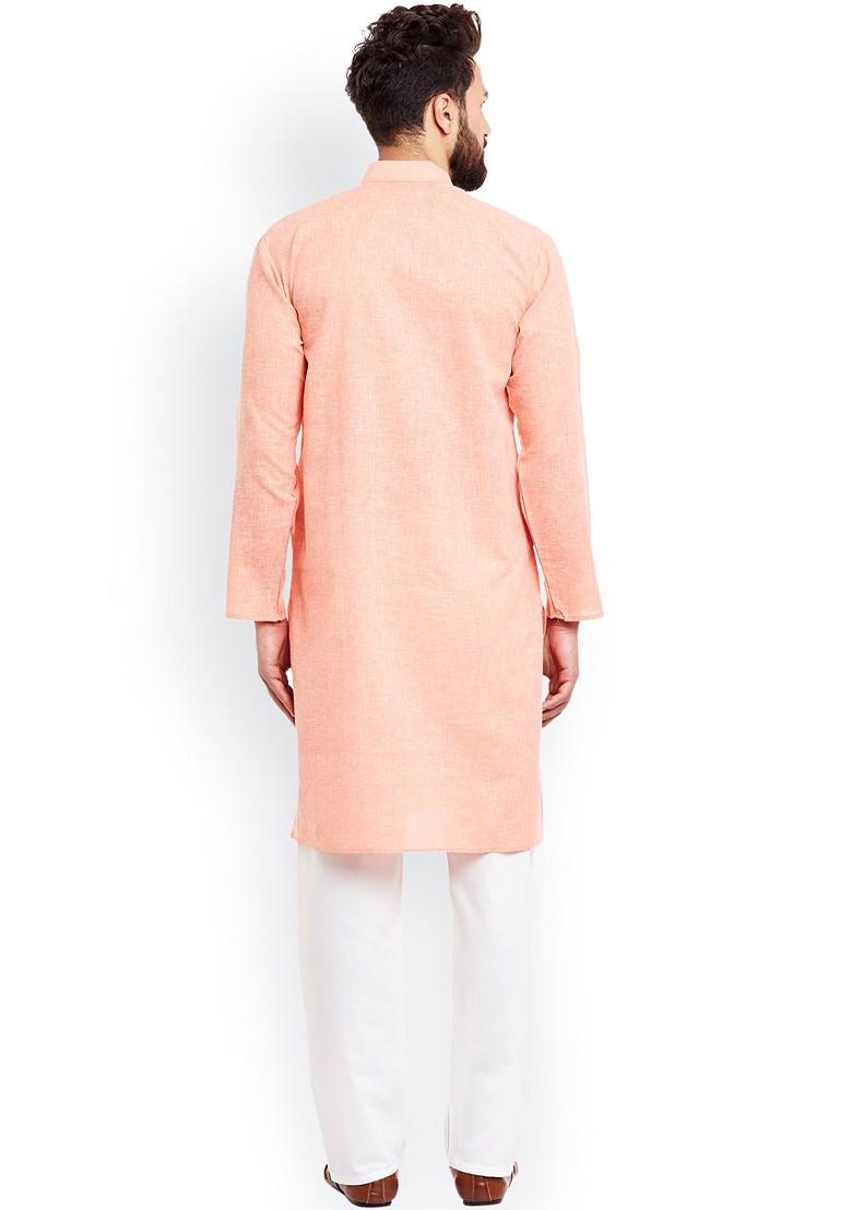 Coral Pink Solid Poly Blend Kurta For Men