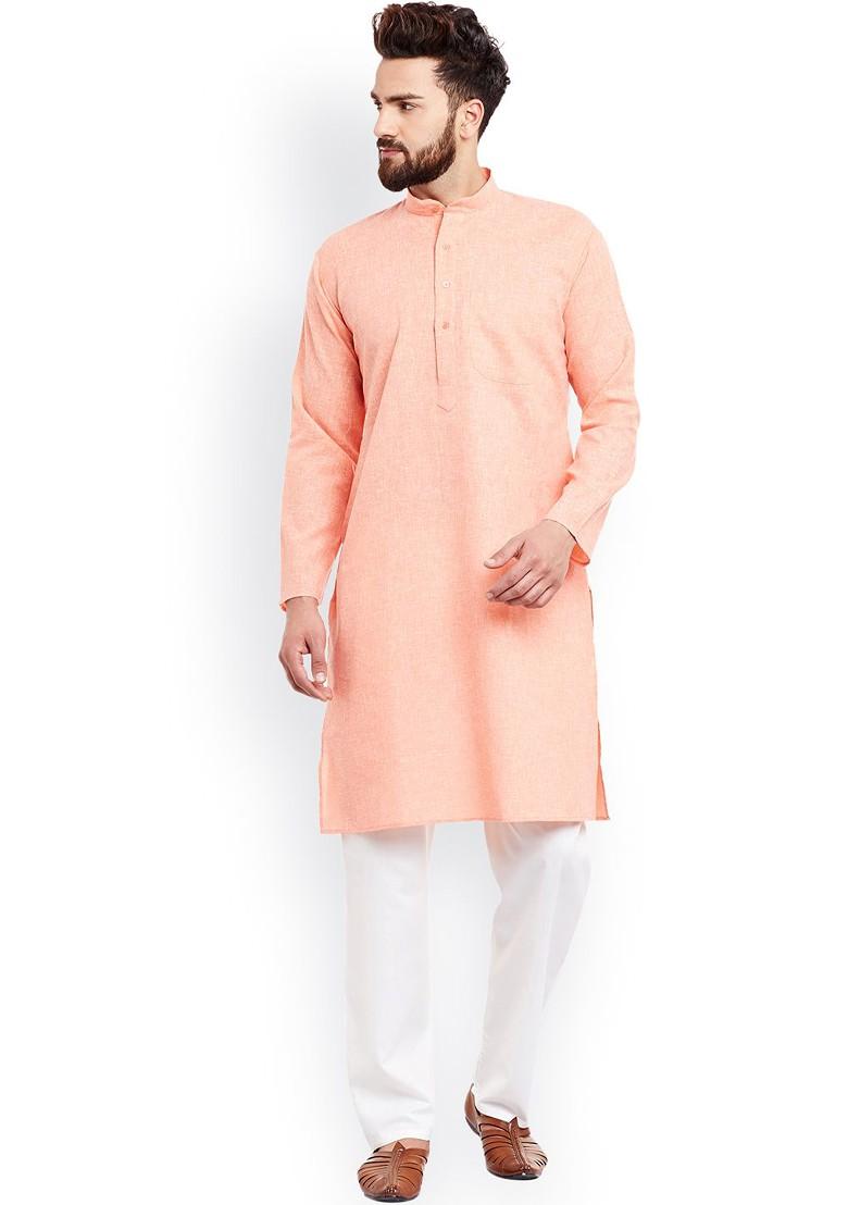 Coral Pink Solid Poly Blend Kurta For Men