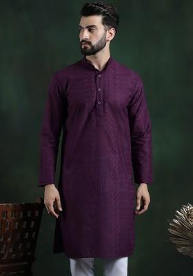 Maroon Thread Work Cotton Kurta For Men