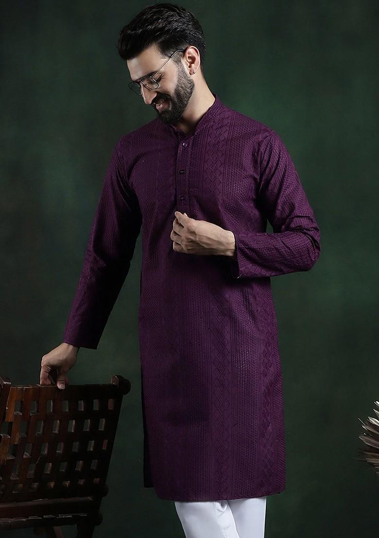 Maroon Thread Work Cotton Kurta For Men