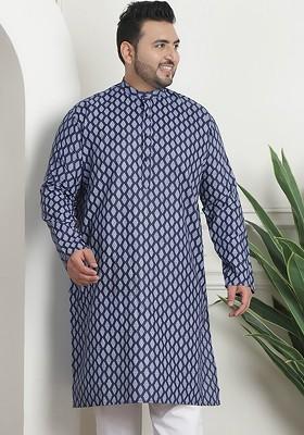 Navy Blue Ethnic Motifs Poly Blend Kurta For Men