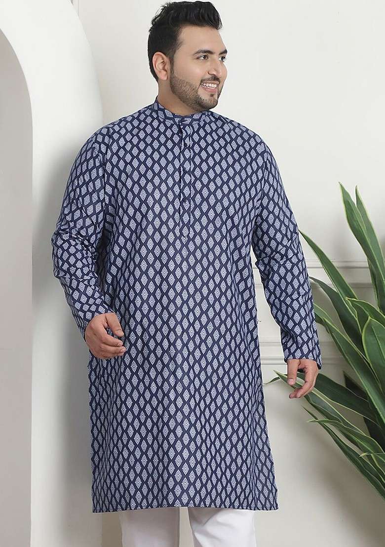 Navy Blue Ethnic Motifs Poly Blend Kurta For Men - Indya