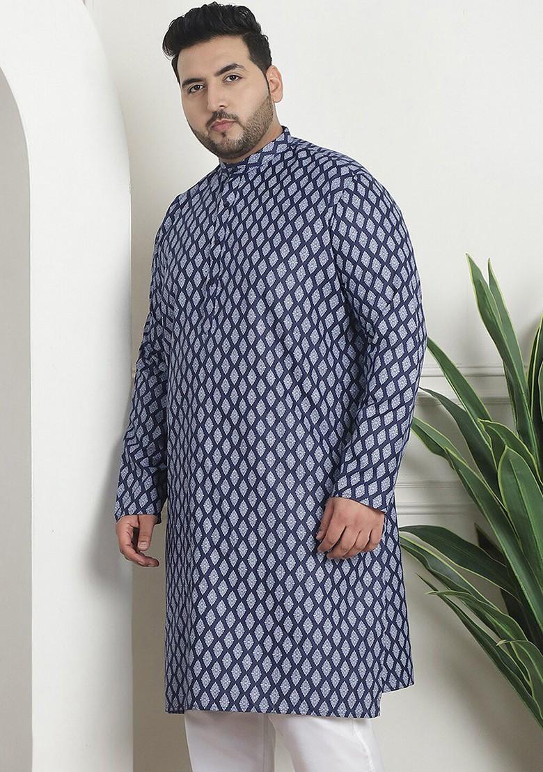 Navy Blue Ethnic Motifs Poly Blend Kurta For Men