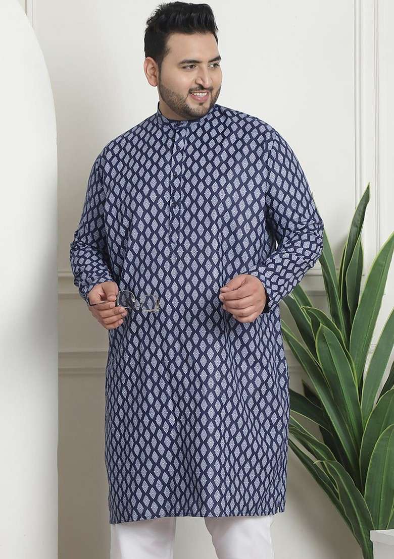 Navy Blue Ethnic Motifs Poly Blend Kurta For Men - Indya