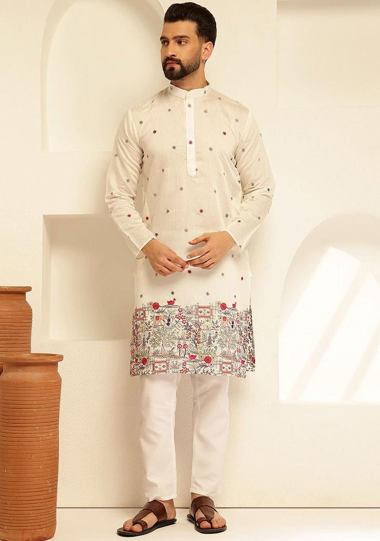 White Thread Work Cotton Kurta For Men