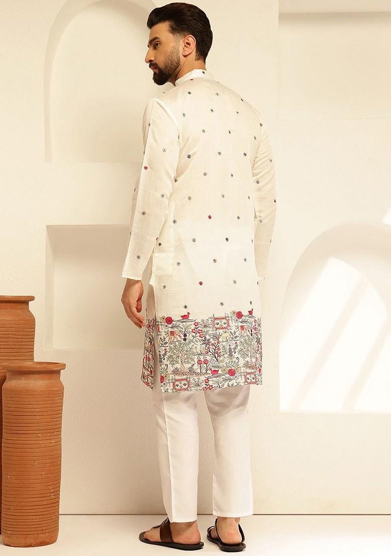 White Thread Work Cotton Kurta For Men