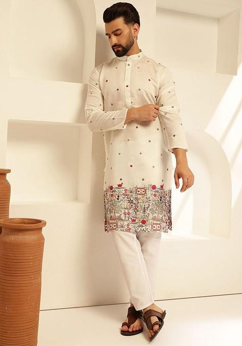 White Thread Work Cotton Kurta For Men