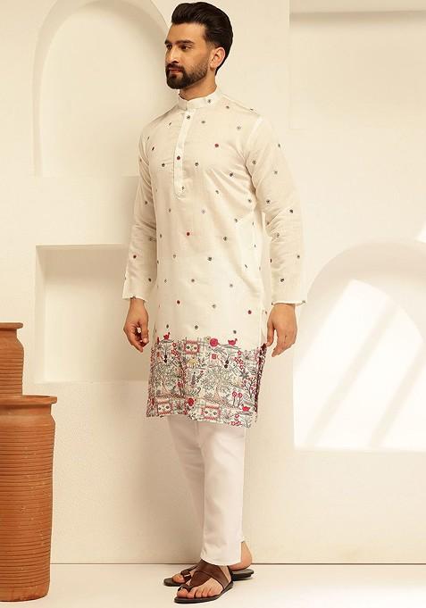 White Thread Work Cotton Kurta For Men