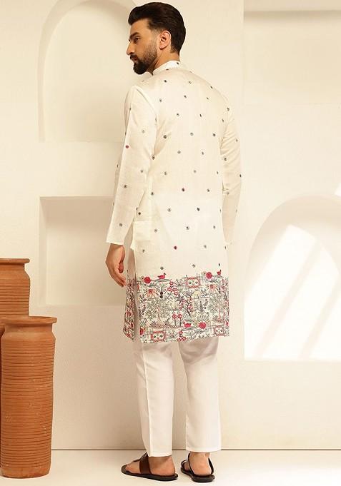 White Thread Work Cotton Kurta For Men