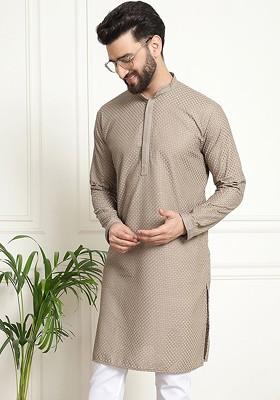 Beige Thread Work Cotton Kurta For Men