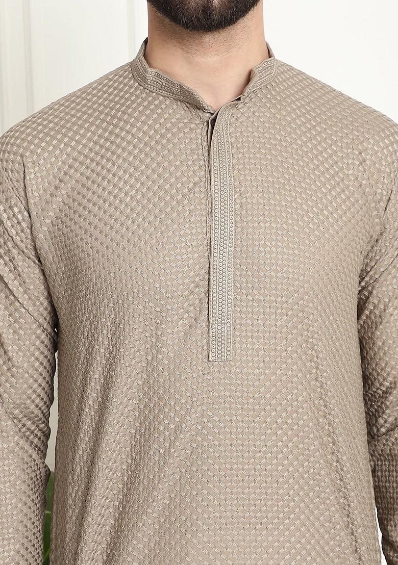 Beige Thread Work Cotton Kurta For Men