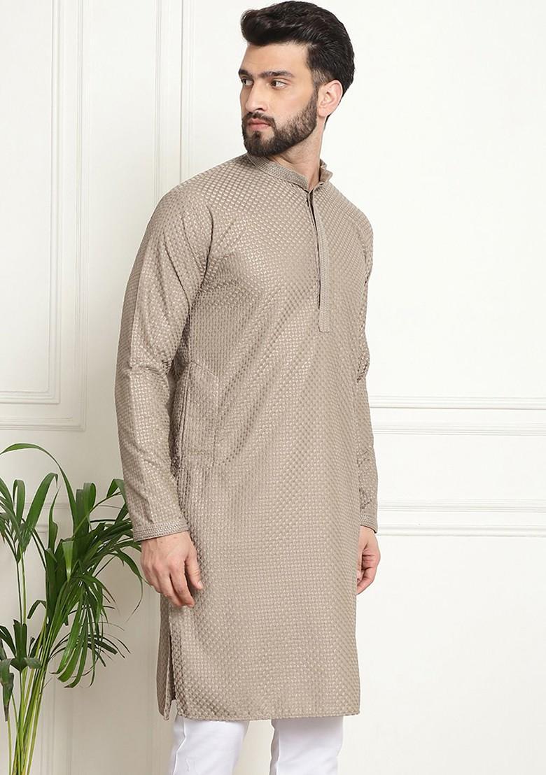 Beige Thread Work Cotton Kurta For Men