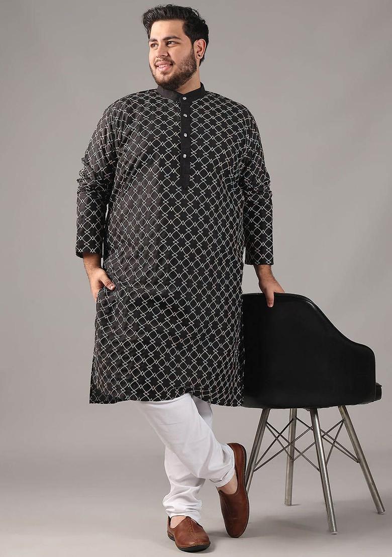 Black Thread Work Poly Blend Kurta For Men