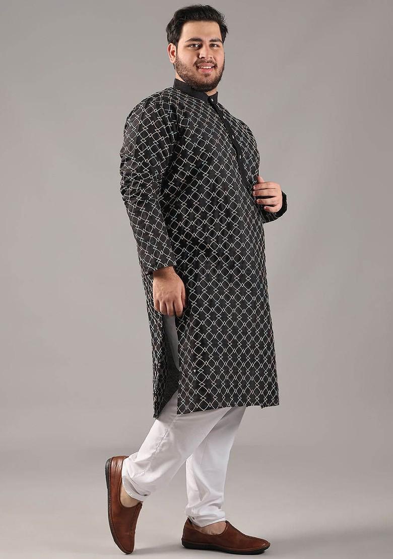 Black Thread Work Poly Blend Kurta For Men
