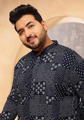 Navy Blue Printed Cotton Kurta For Men