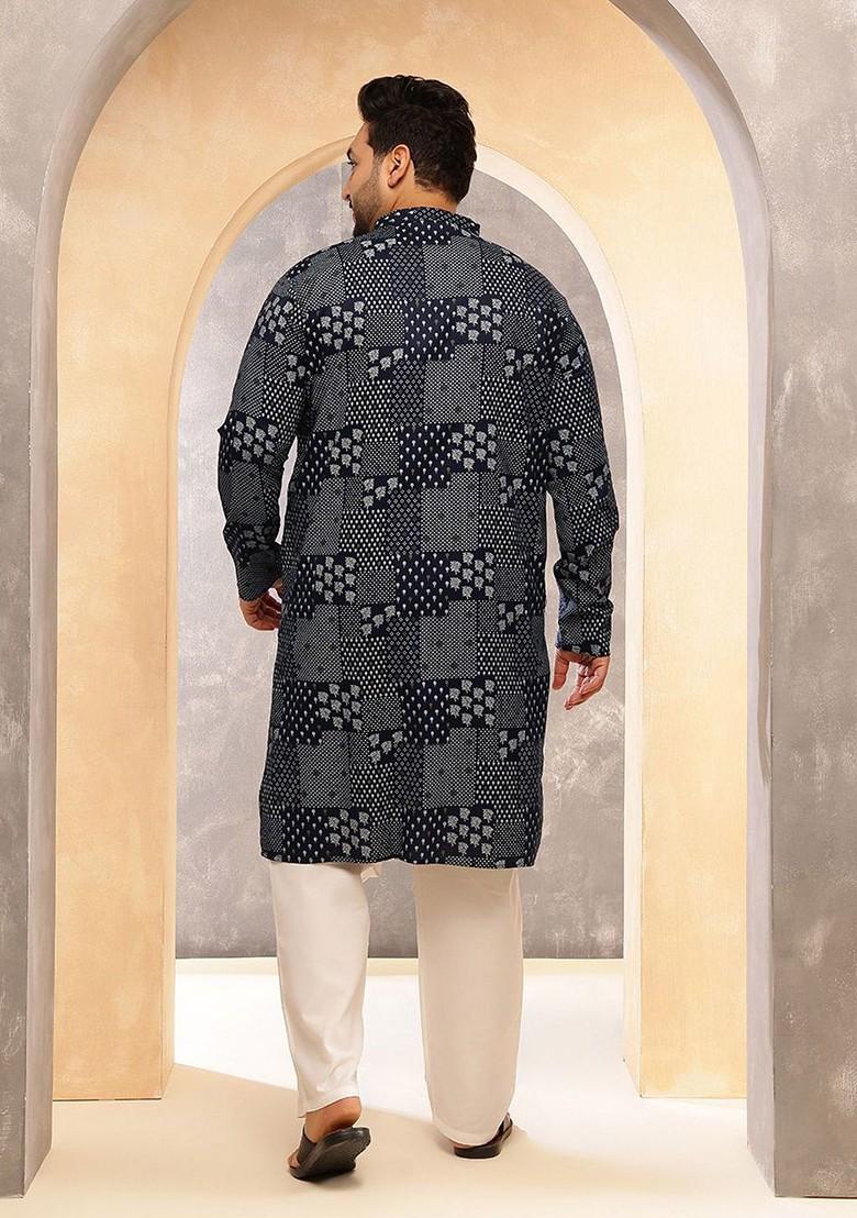 Navy Blue Printed Cotton Kurta For Men