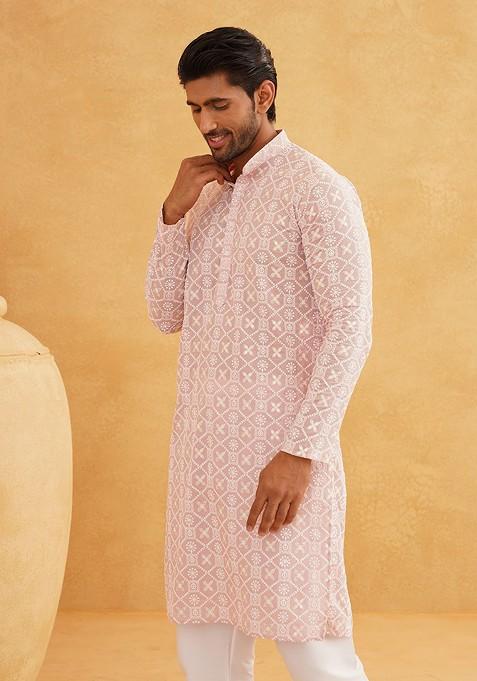 Pink Embroidered Cotton Kurta For Men