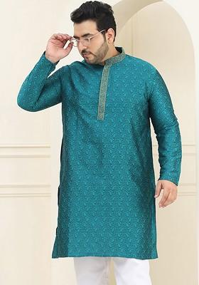Teal Blue Thread Work Poly Blend Kurta For Men